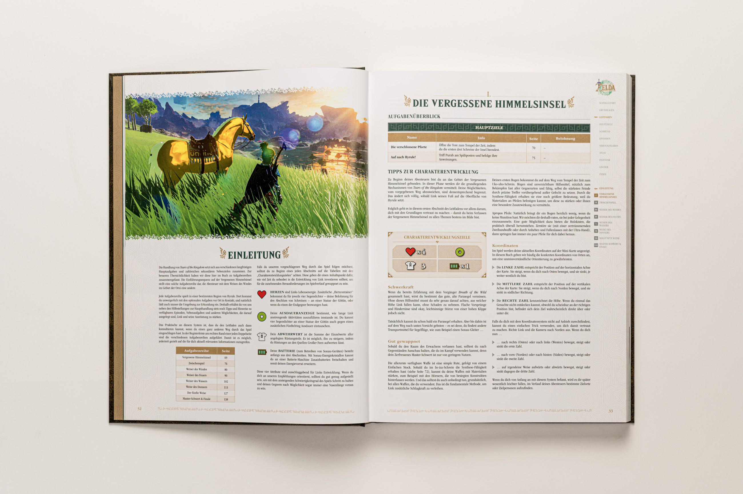 Ein offenes Buch mit Landschaftsbild und deutschem Text über ein Spiel.