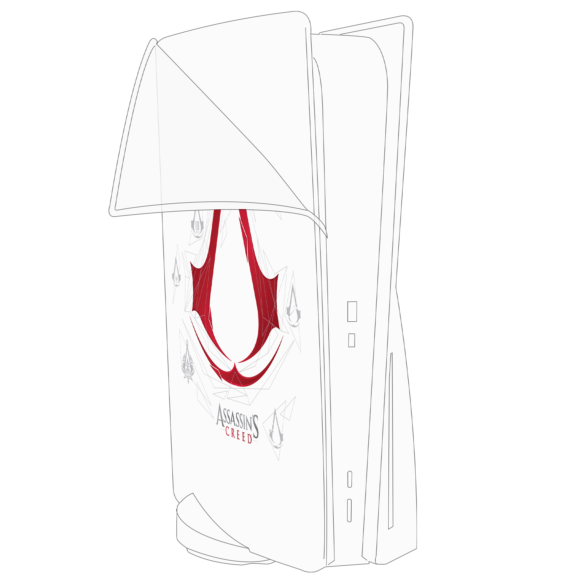 Schwarz-Weiß-Strichzeichnung einer PS5-Konsole mit Assassin's Creed-Logo.