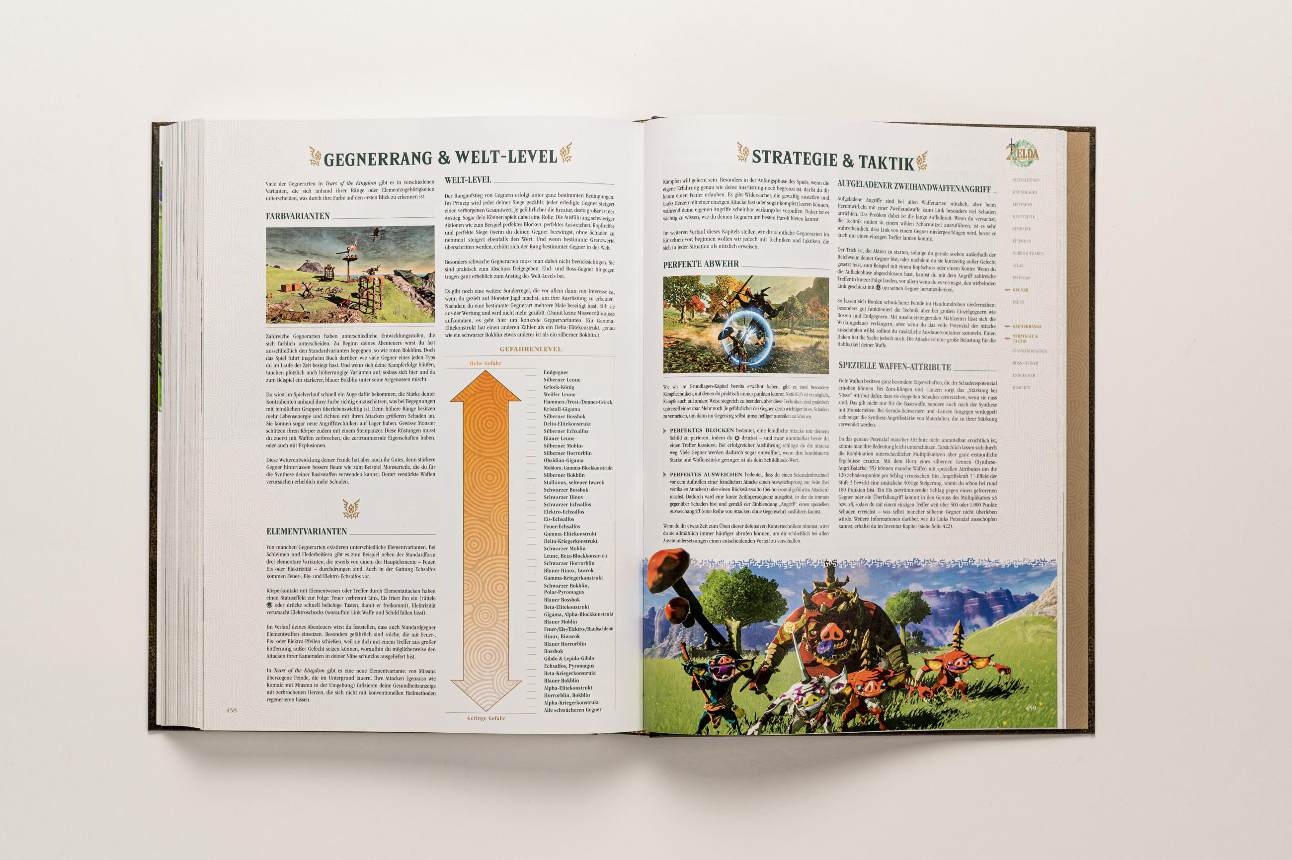 Ein offenes Buch mit deutschem Text und Illustrationen über das Spiel Zelda.