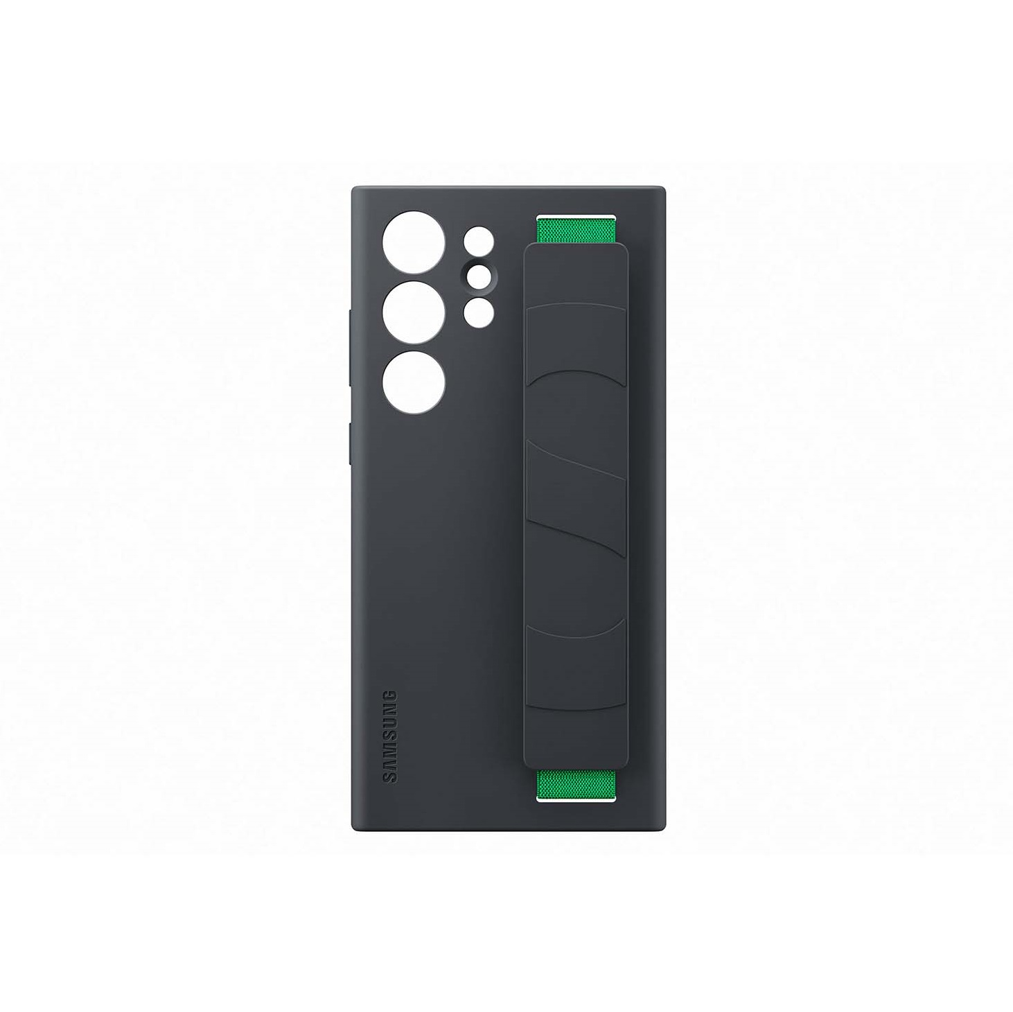 Funda de teléfono gris oscuro con una correa verde, con el logotipo de Samsung.