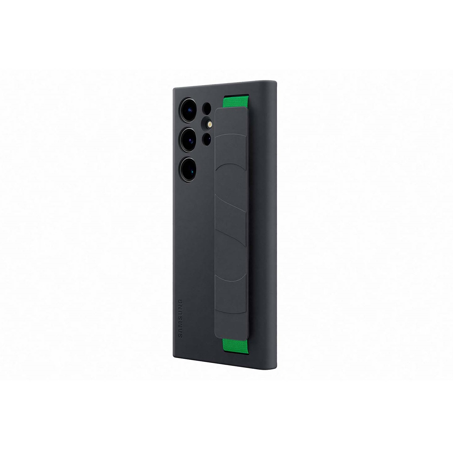 Funda de teléfono negra con banda verde y tres lentes de cámara. El logotipo de Samsung es visible.