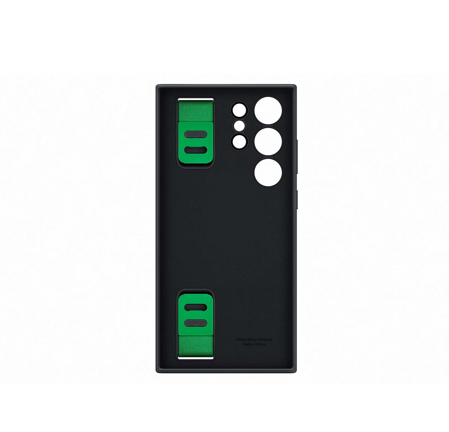 Funda de teléfono negra con correas verdes y círculos blancos.