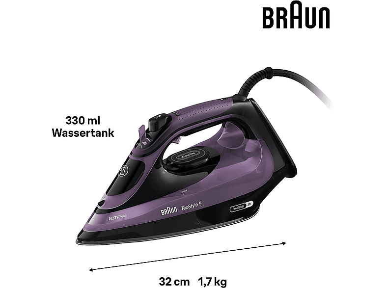 BRAUN TexStyle 9 SI 9661 VI, Dampfstoß 250 g/min, FreeGlide 3D, iCare Temperaturanpassung, leichtes Bügeln, einfache Befüllung, vertikale Auffrischung, Dampfbügeleisen (3100 Watt, Keramiksohle, EloxalPlus Beschichtung)