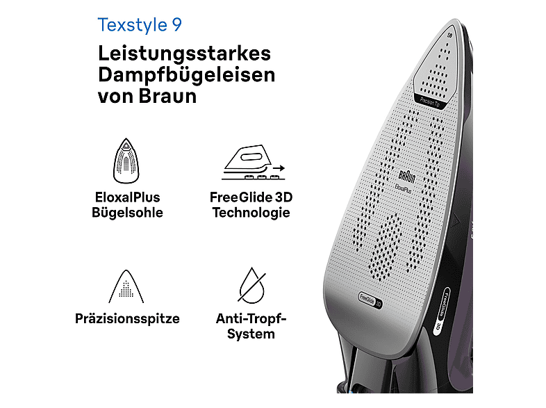 BRAUN TexStyle 9 SI 9661 VI, Dampfstoß 250 g/min, FreeGlide 3D, iCare Temperaturanpassung, leichtes Bügeln, einfache Befüllung, vertikale Auffrischung, Dampfbügeleisen (3100 Watt, Keramiksohle, EloxalPlus Beschichtung)