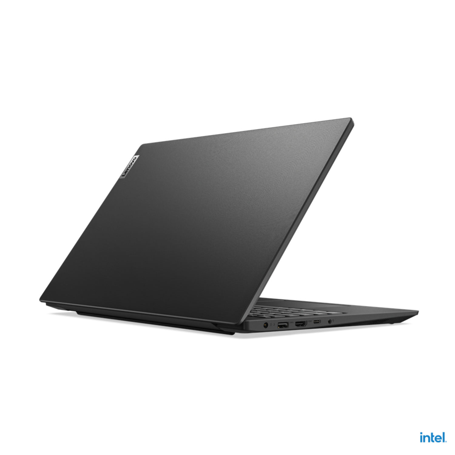 Achterkant van een zwarte Lenovo-laptop omhoog gekanteld, met een donkere achtergrond en Intel-logo.