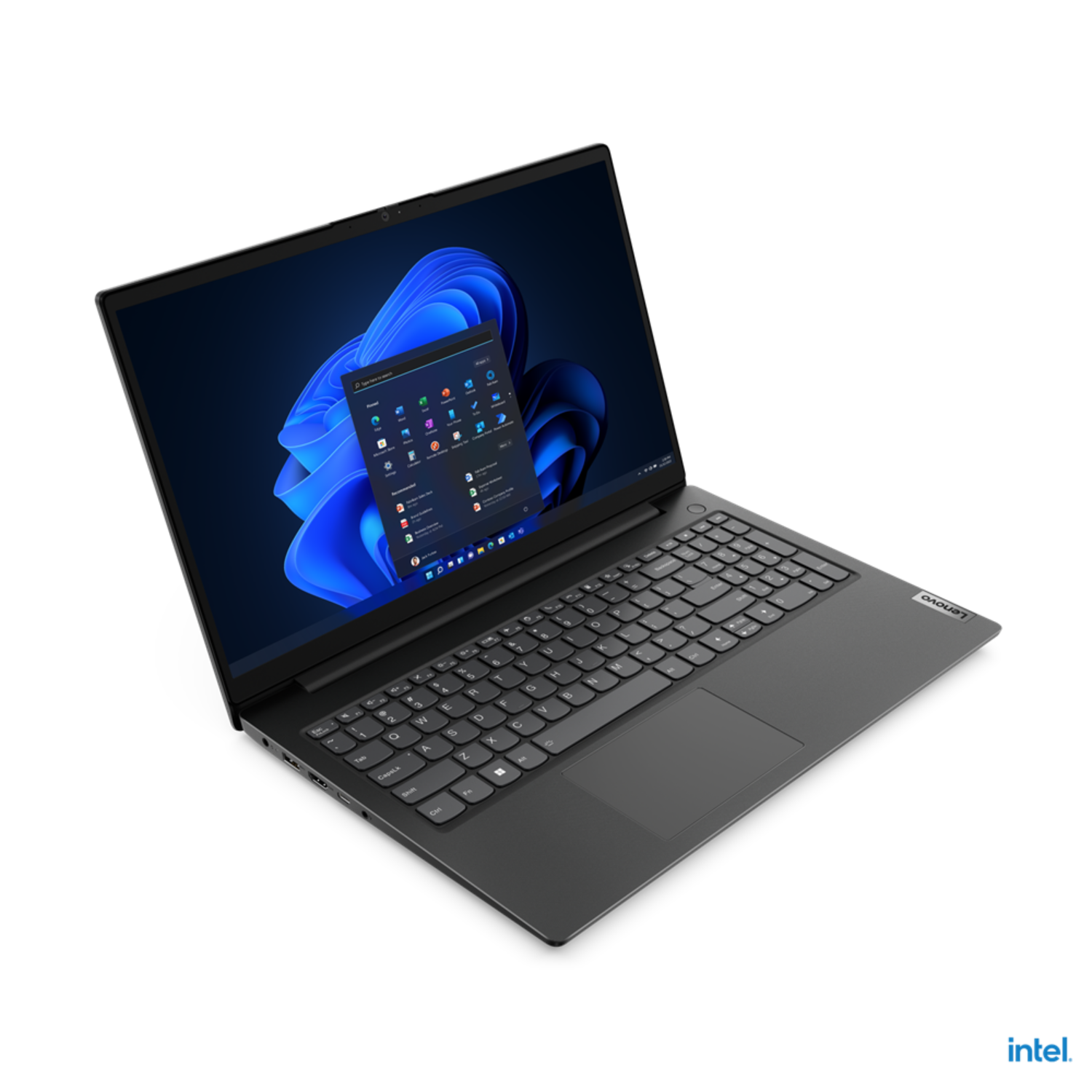Laptop op een zwart oppervlak. Het scherm toont een Microsoft-applicatie-interface met blauwe en paarse kleuren.