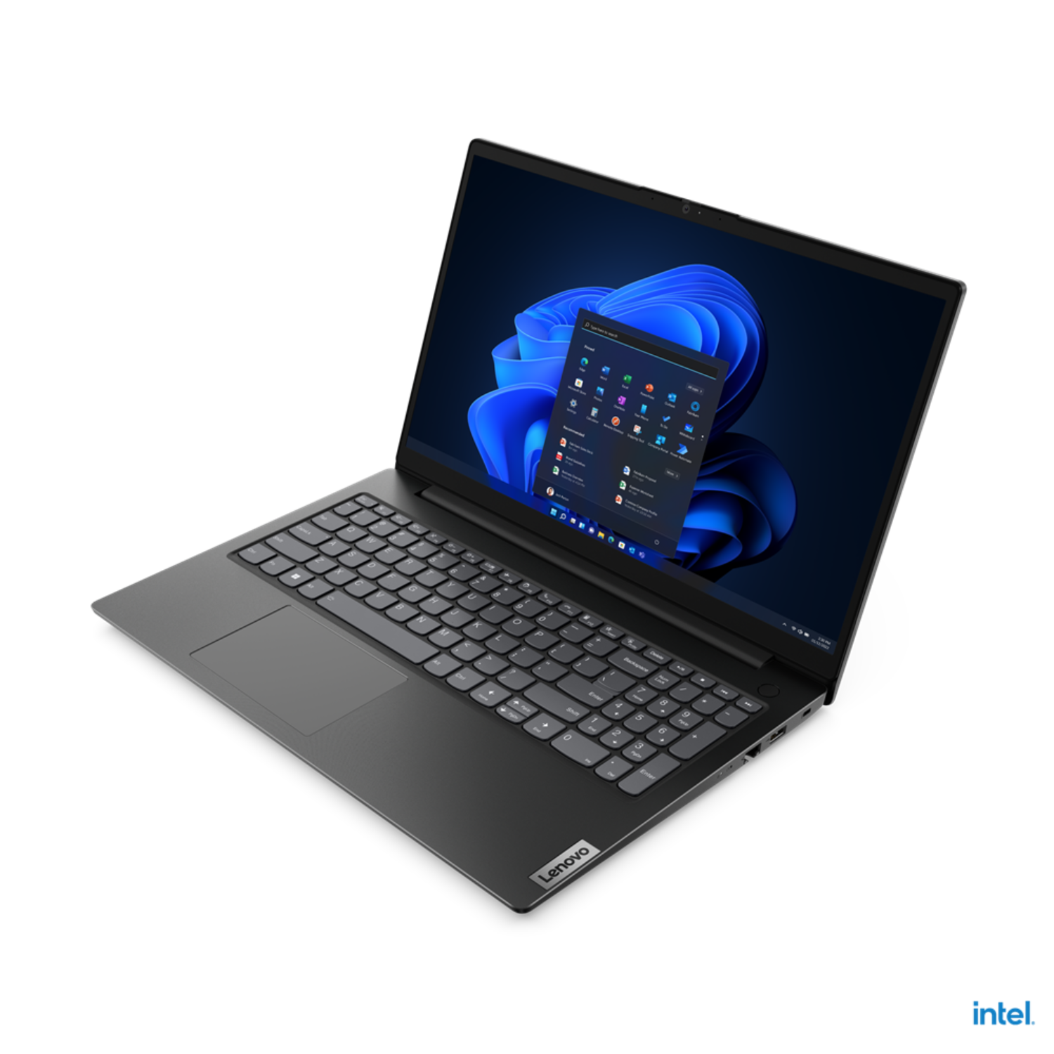 Een Lenovo laptop met een scherm met Windows apps. De laptop is zwart en op een zwart oppervlak.