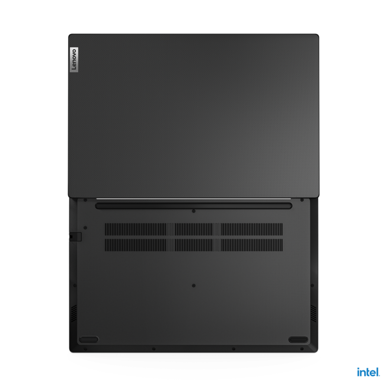 Onderaanzicht van een zwarte Lenovo laptop, met de onderkant met ventilatieopeningen en logo.
