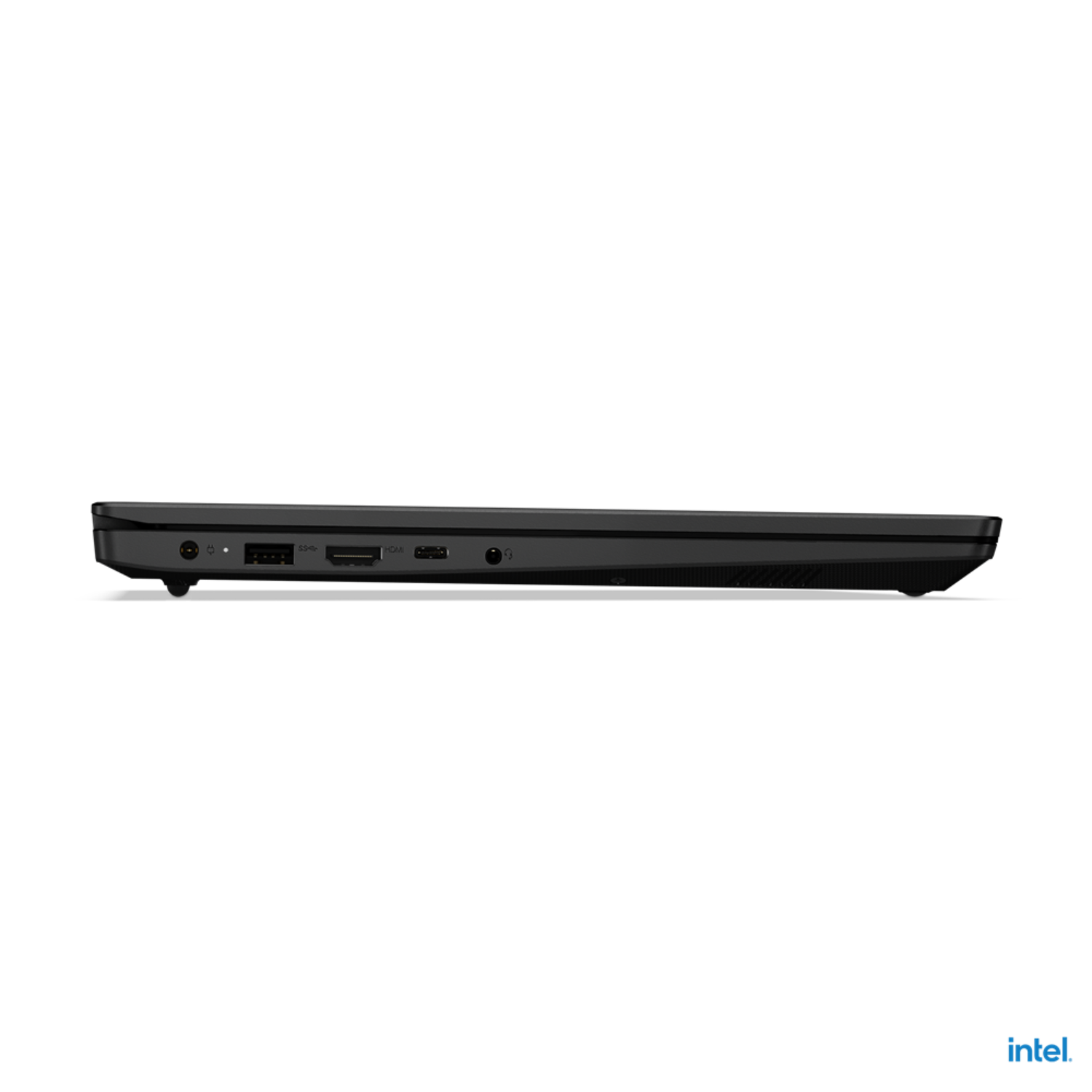 Zwart laptop zijaanzicht. Toont poorten en een stroomingang. Intel logo onderaan.