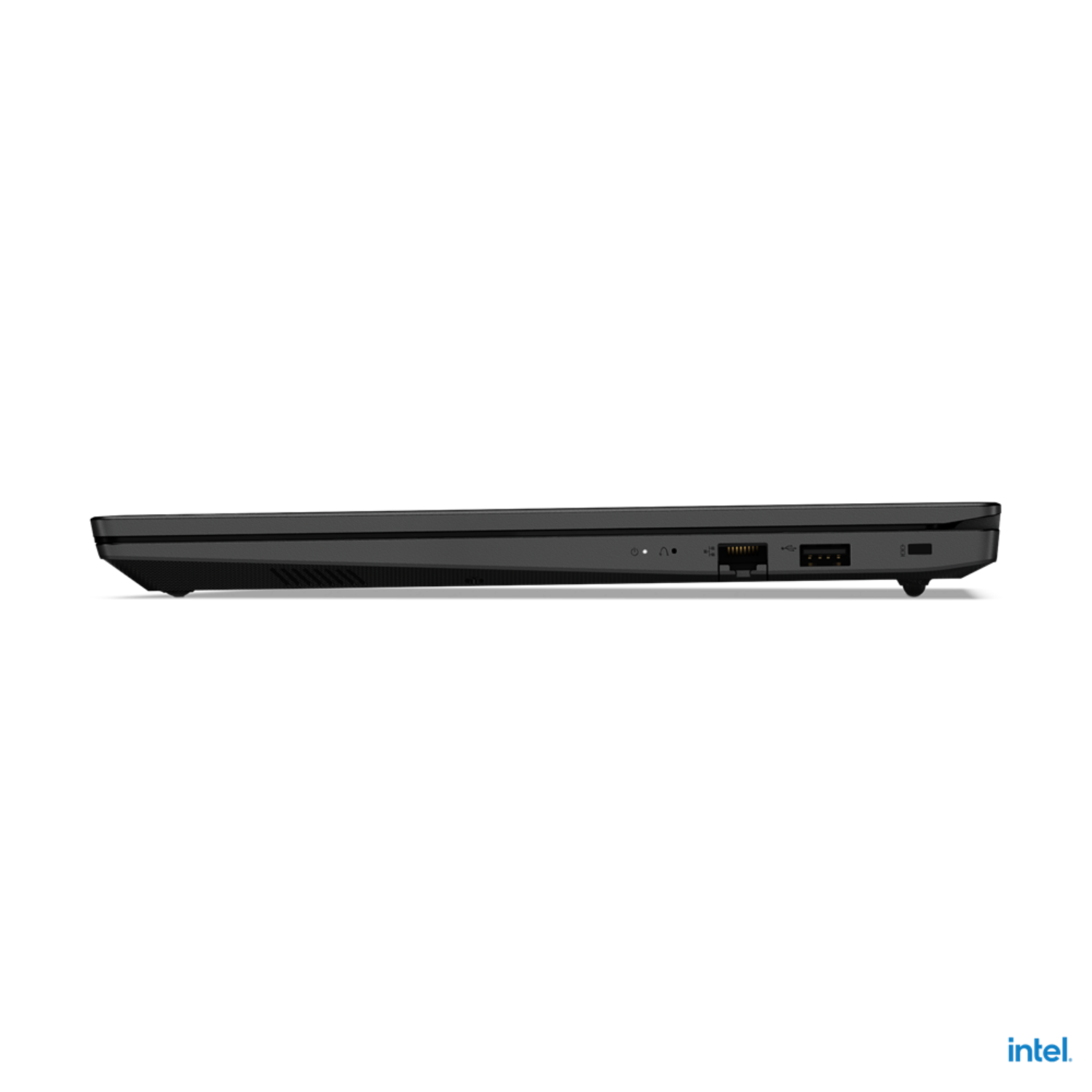 Een laptop met een zwart frame, met de poorten aan de linkerkant. Het Intel-logo staat onderaan.