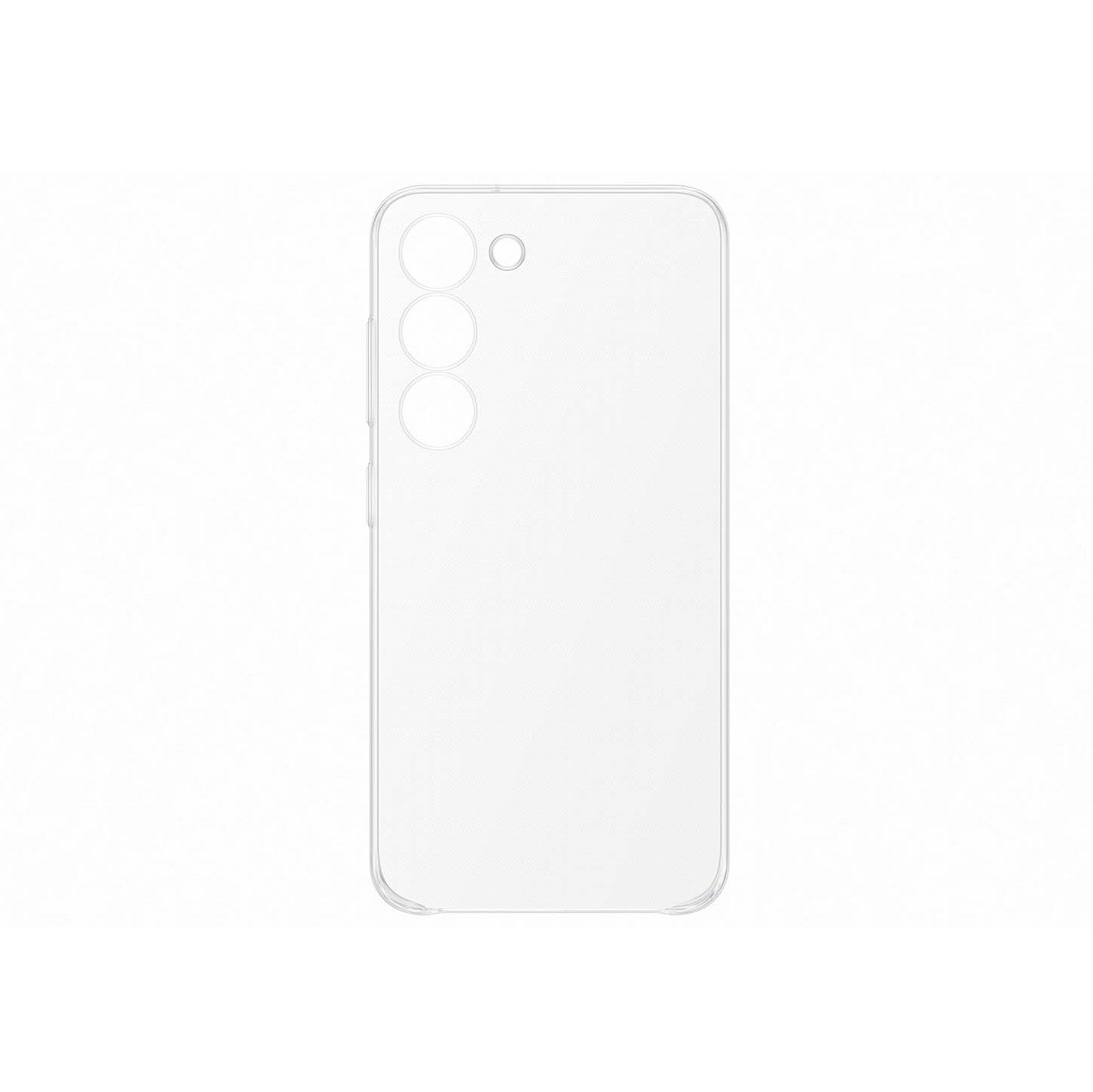 Funda transparente para teléfono. Se ven contornos de tres lentes de cámara y un flash en la parte posterior.
