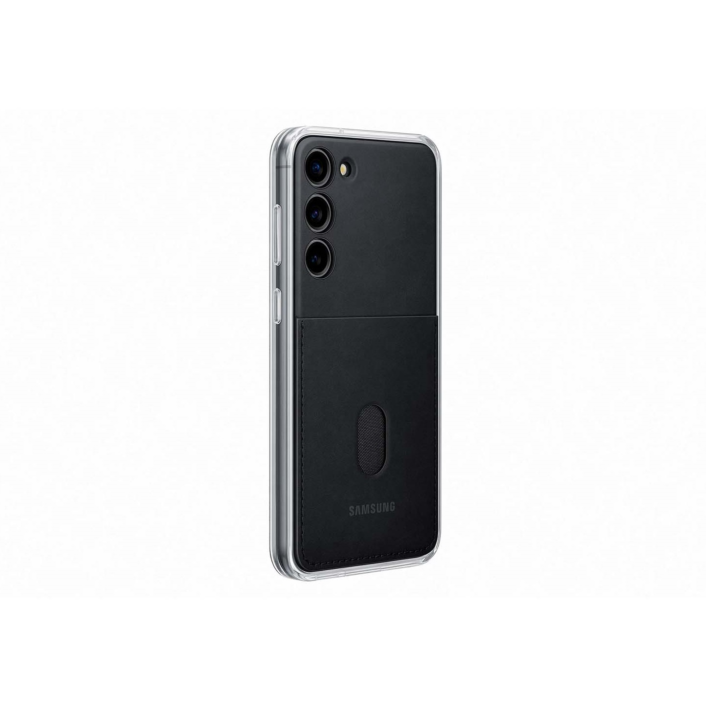Una funda negra para teléfono Samsung con tarjetero sobre un fondo blanco.