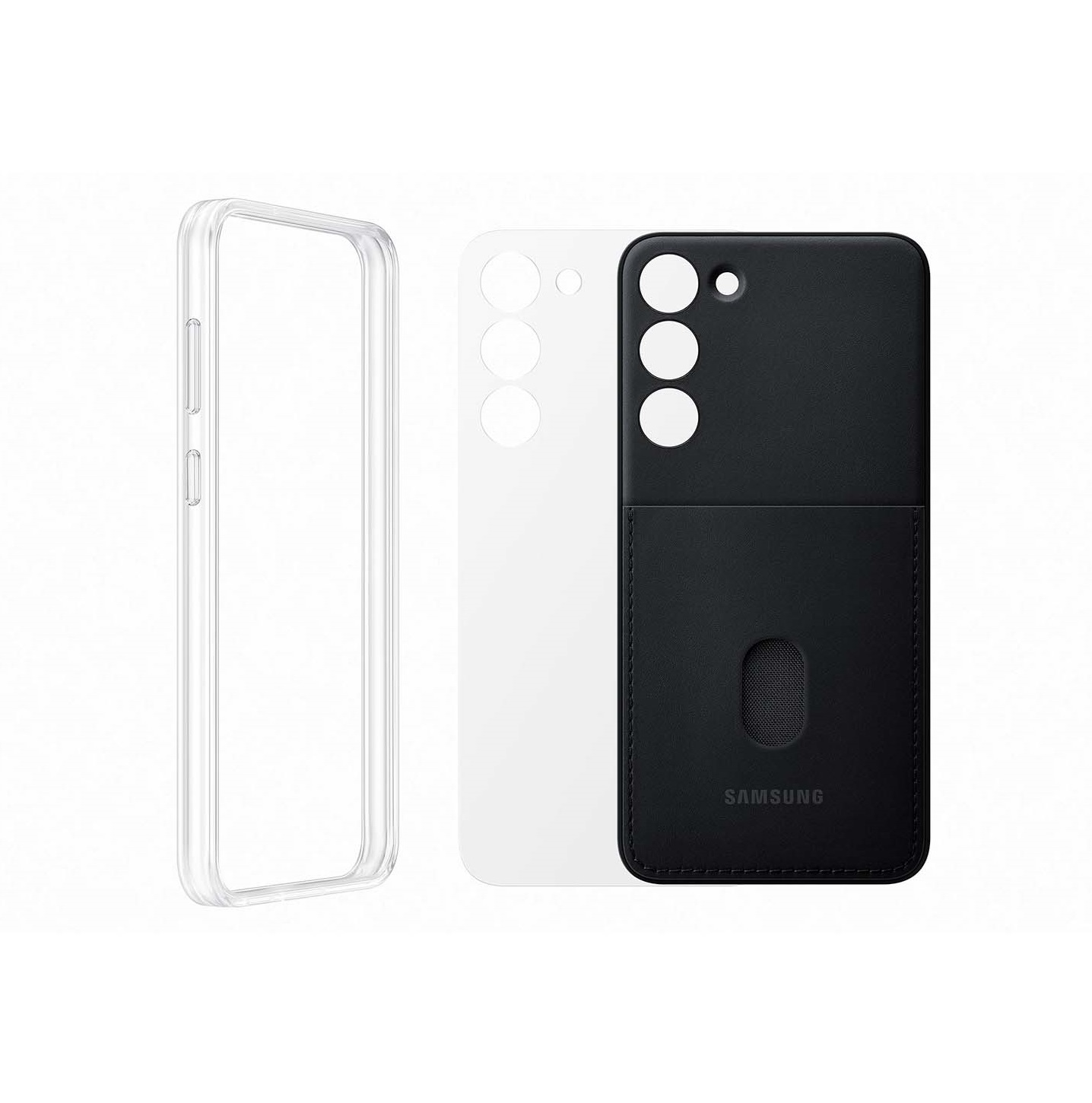 Dos fundas para teléfono: una transparente y otra negra con tarjetero, vista superior.