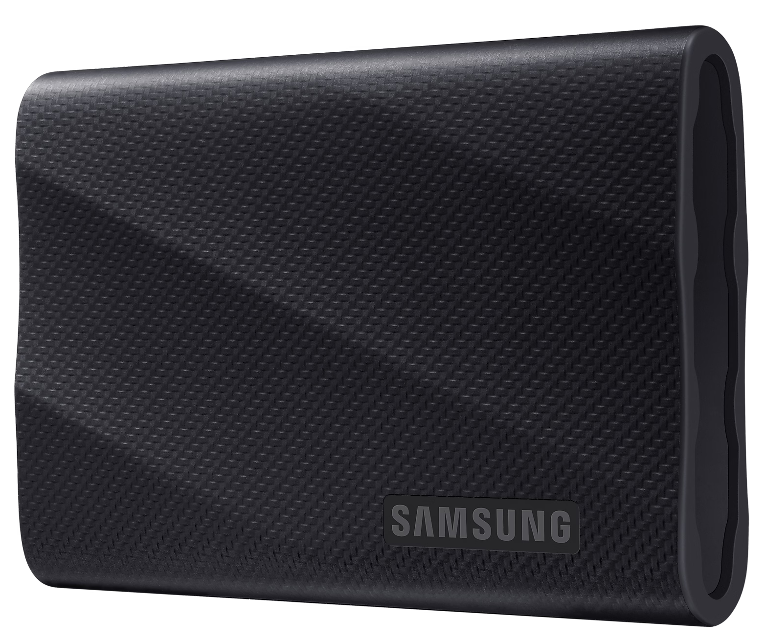 Fekete, texturált Samsung külső merevlemez. Téglalap alakú, lekerekített élekkel.