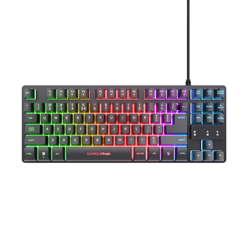 Teclado gaming RGB con teclas iluminadas, marco negro y varias teclas de función.