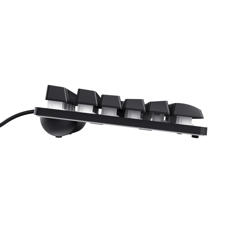 Primer plano de un teclado negro con teclas blancas.