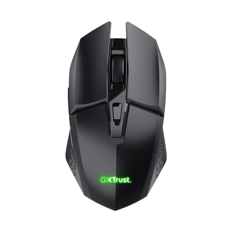 Ratón gaming negro con luces y logo GX Trust.