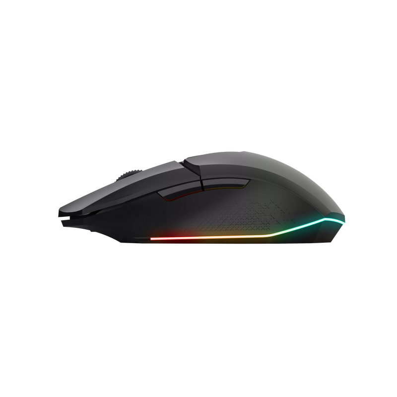 Un ratón gaming negro con luces de colores. Fondo negro.