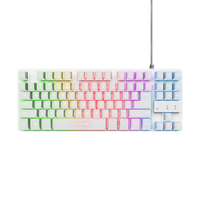 Teclado blanco con teclas multicolores, iluminado y en ángulo.