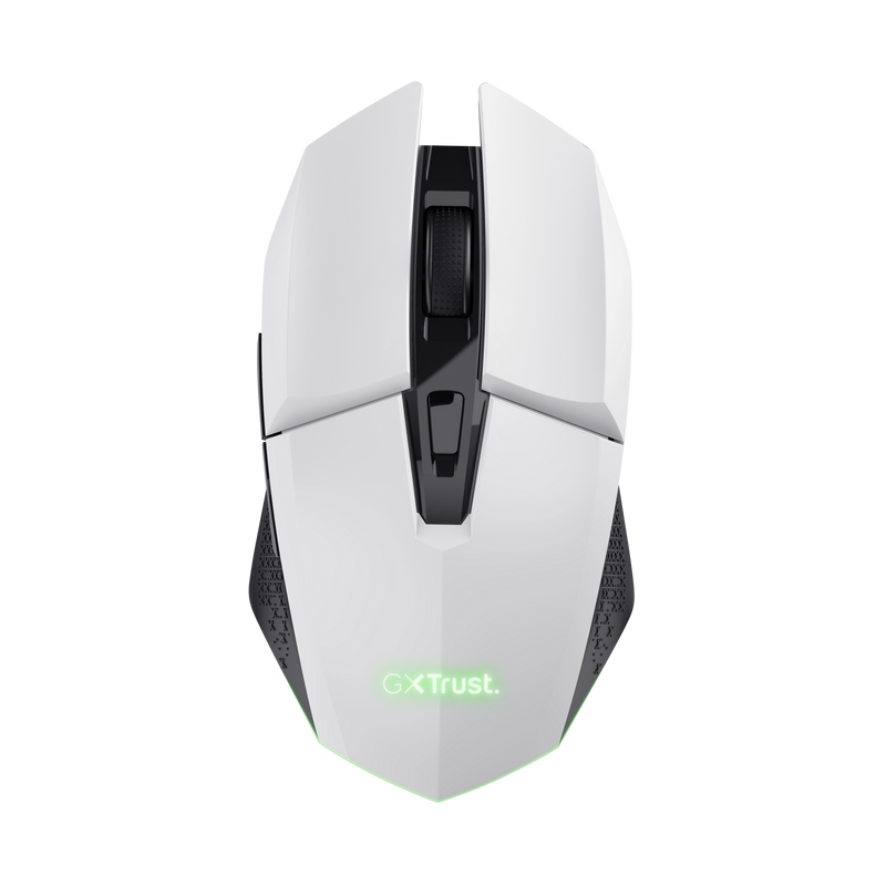Un ratón gaming blanco y negro con el logo GX Trust, vista superior.