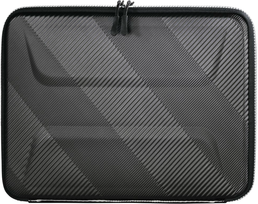 Fekete laptop tok átlós vonalakkal. A tok cipzárral és oldalsó fogantyúval rendelkezik.