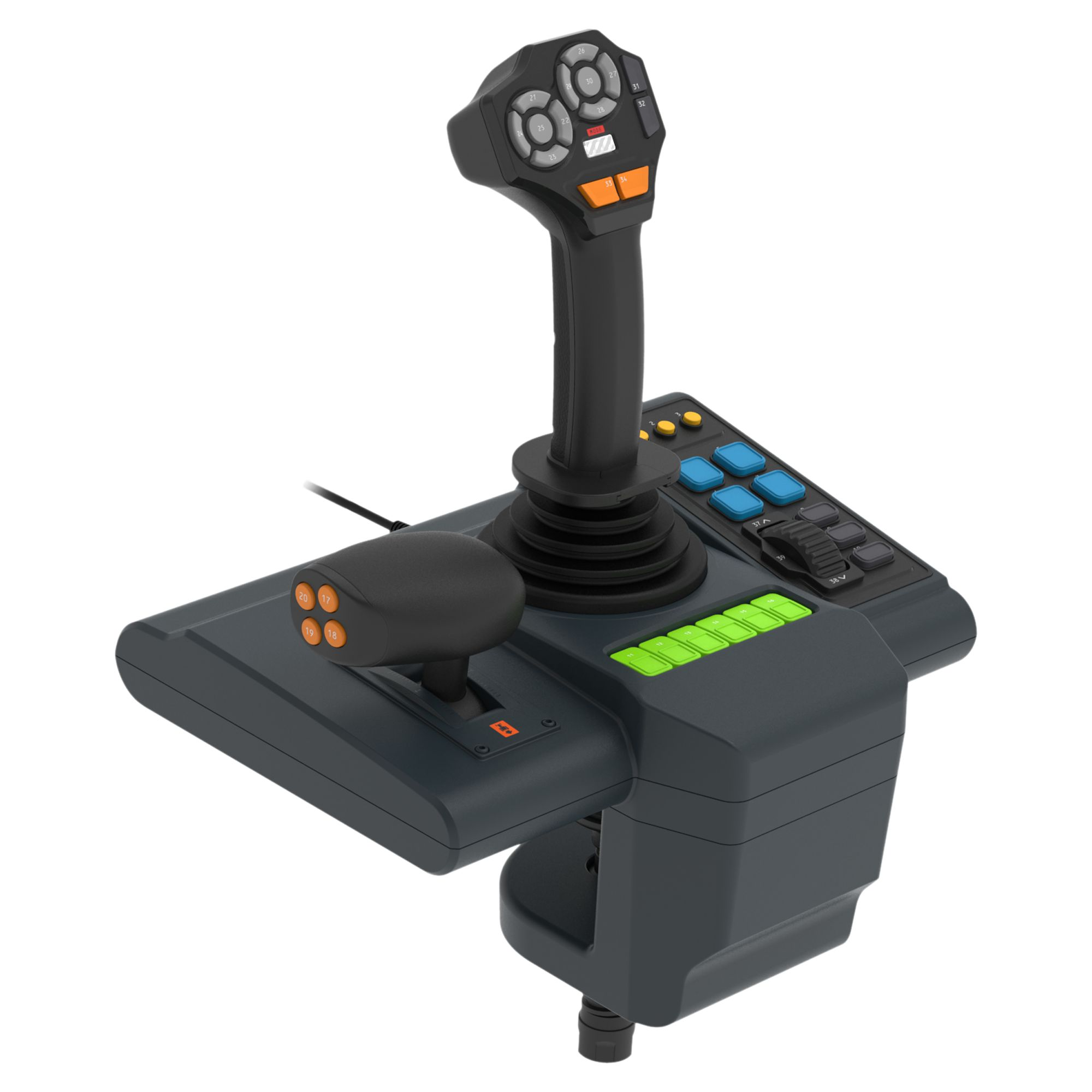 Ein Gaming-Joystick mit mehreren Knöpfen und einem Gashebel, montiert auf einer Plattform.