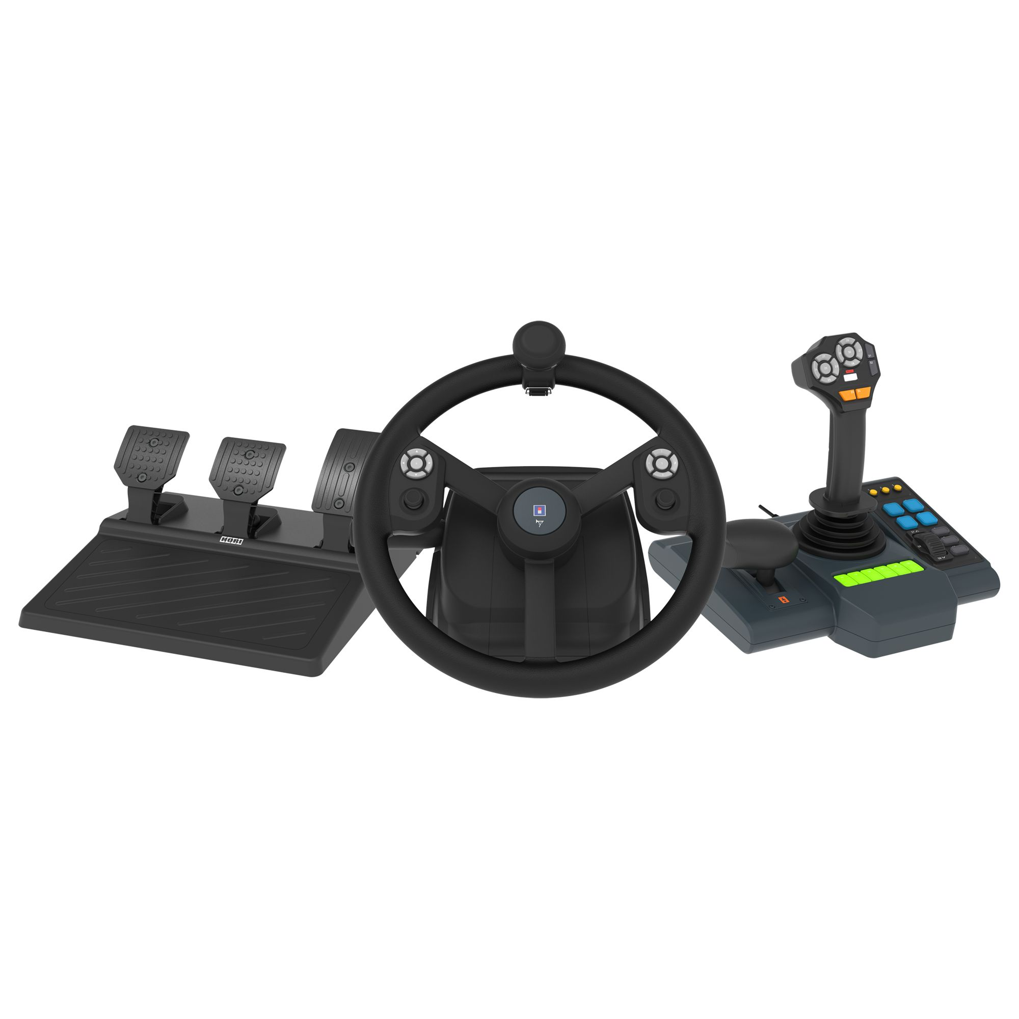 Gaming-Lenkrad, Pedale und Joystick. Schwarze und graue Farben. Weißer Hintergrund.
