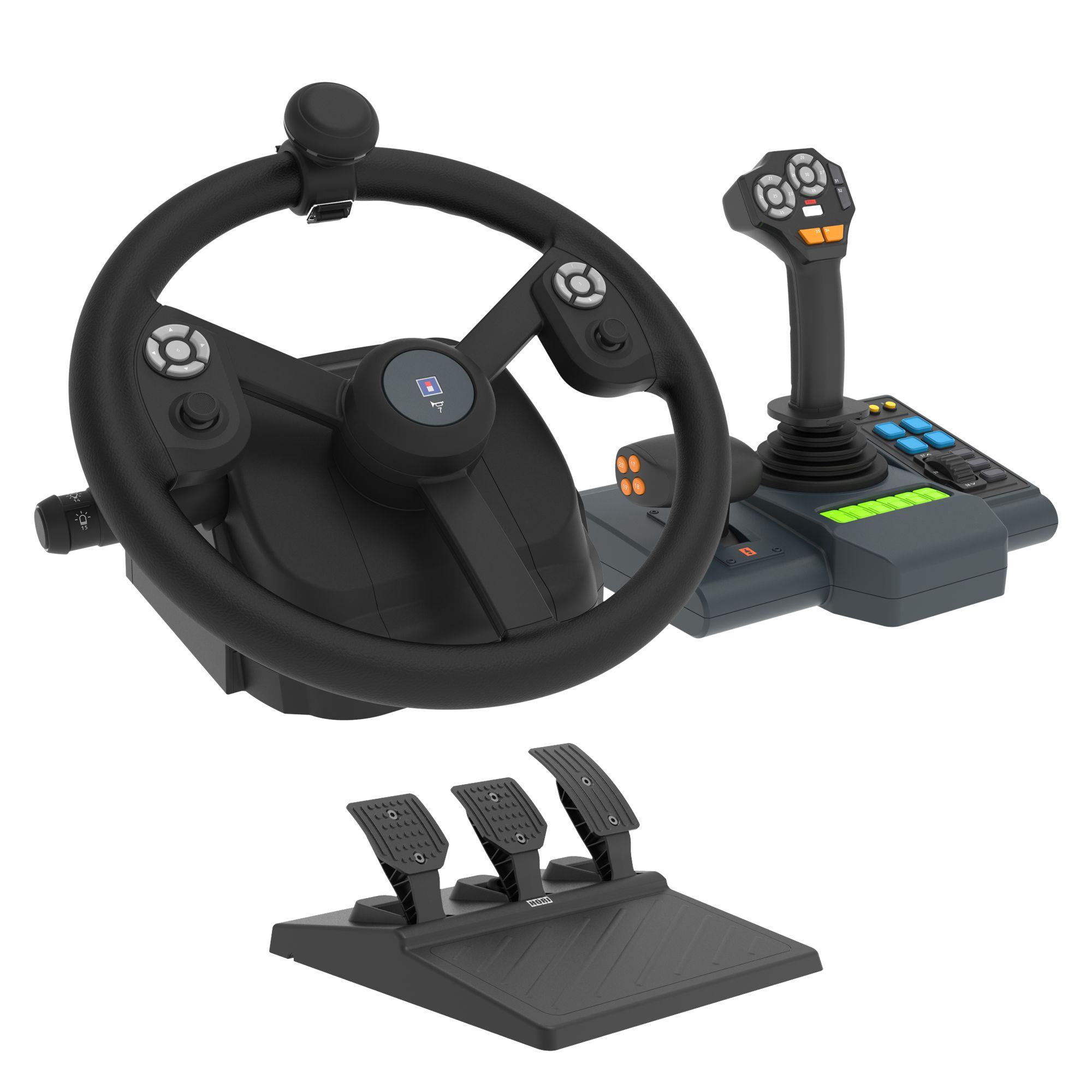 Gaming-Lenkrad mit Pedalen und Joystick. Schwarz und Grau, weißer Hintergrund.
