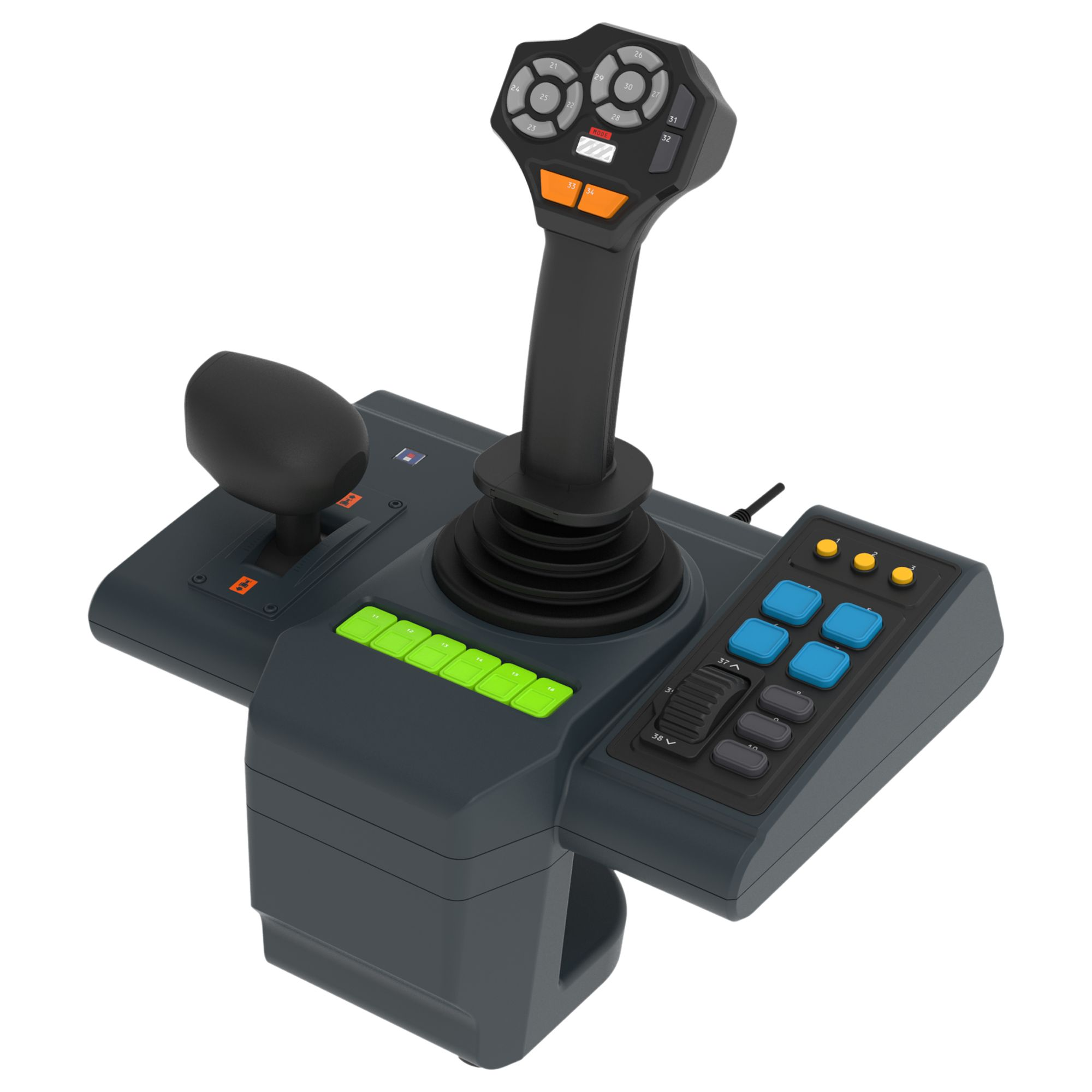 Joystick-Controller mit mehreren Tasten, einem schwarzen Griff und einer schwarzen Basis.