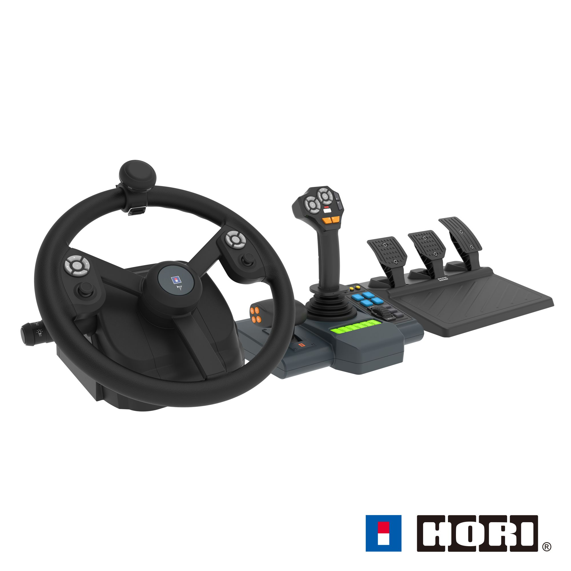 Gaming-Lenkrad, Joystick, Pedale und Bedienfeld.