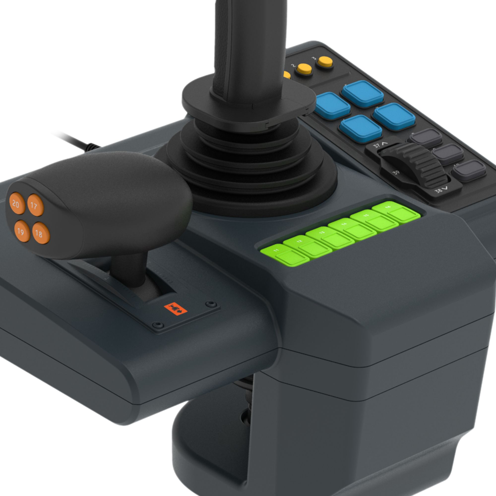 Gaming-Joystick mit Knöpfen, Gashebel und Joystick. Dunkelgraues Farbschema, weißer Hintergrund.