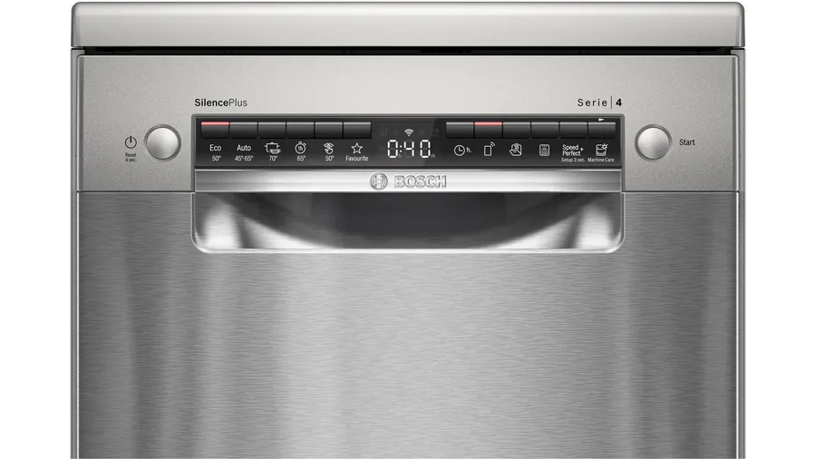Panel sterowania zmywarki Bosch ze stali nierdzewnej z przyciskami i wyświetlaczem cyfrowym.
