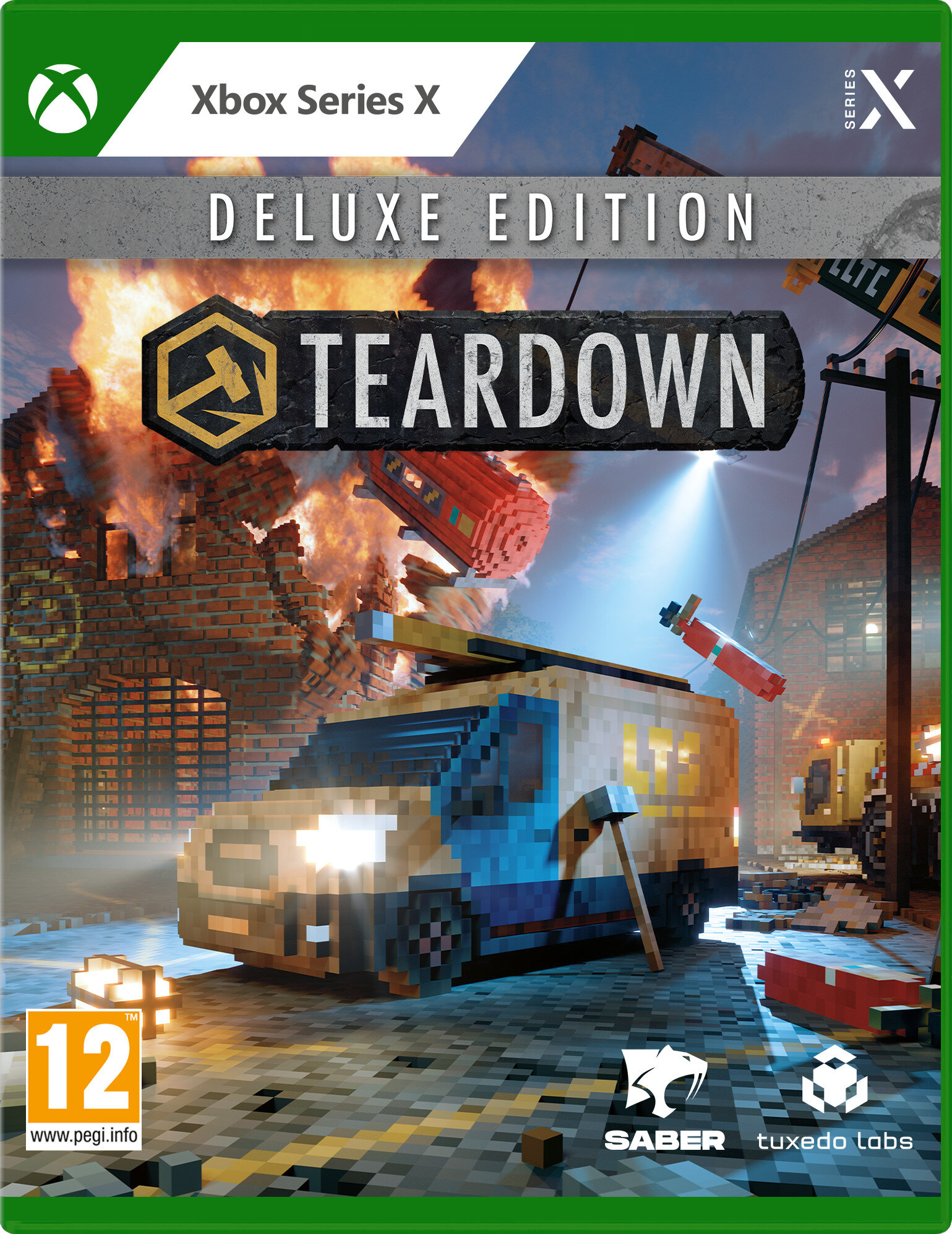 Pudełko gry Xbox Series X dla 'Teardown'. Pokazuje scenę w stylu voxeli z ciężarówką i budynkami.