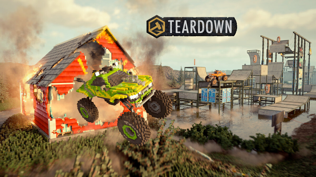 Zielona pikselowa ciężarówka wyskakuje z płonącego domu w grze opartej na wokselach.