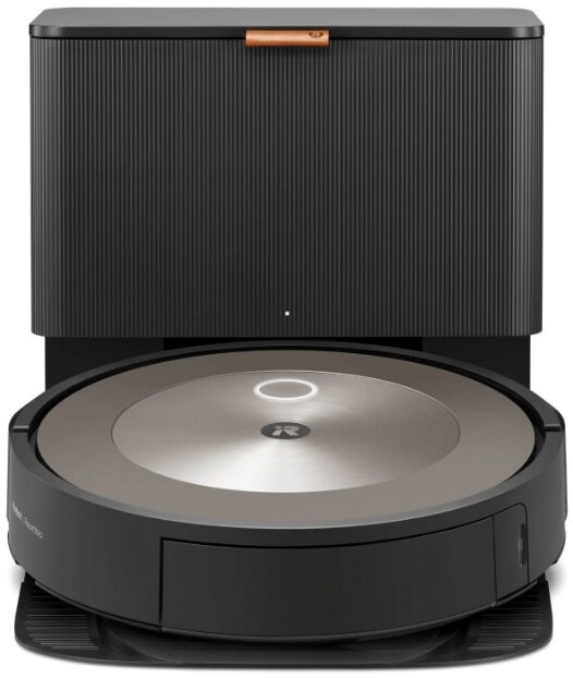 Czarny odkurzacz robot Roomba ze stacją ładującą.