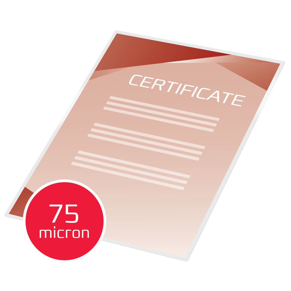 Oklevél a CERTIFICATE szóval és egy piros körrel, rajta a 75 mikron felirattal.