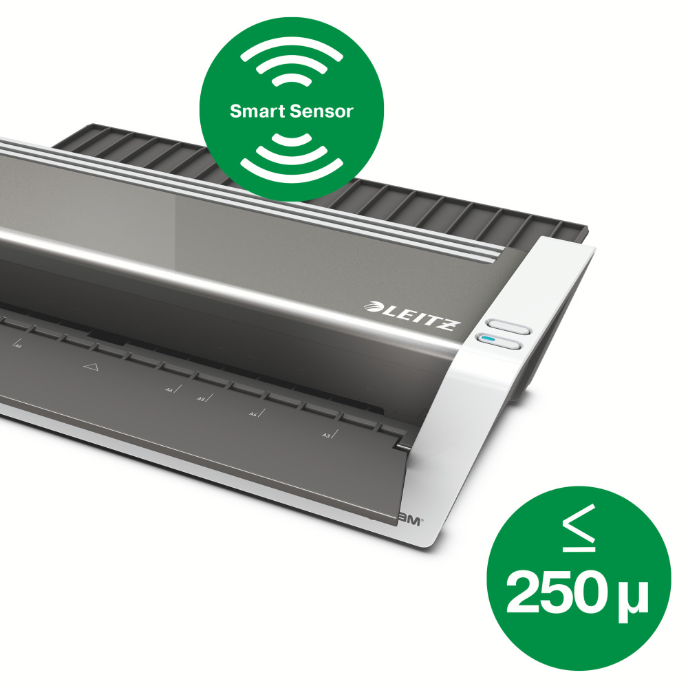 Szürke-fehér laminálógép zöld 'Smart Sensor' és '≤ 250 μ' feliratokkal.