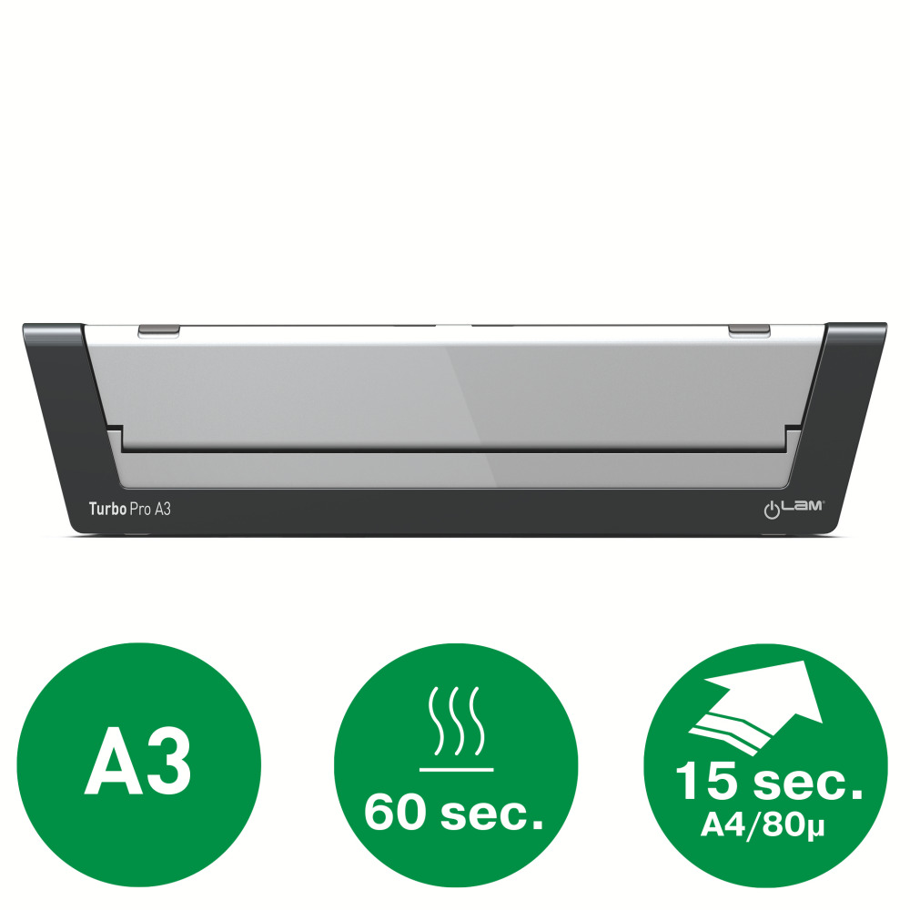Turbo Pro A3 laminálógép, zöld körökkel, melyek A3, 60 mp és 15 mp A4/80µ-t mutatnak.