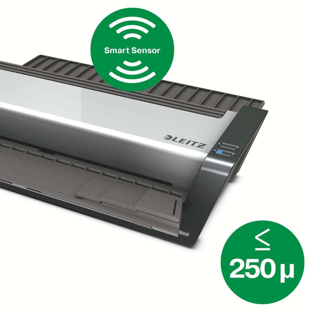 Fekete-szürke lamináló gép zöld Smart Sensor logóval és 250µ jellel.