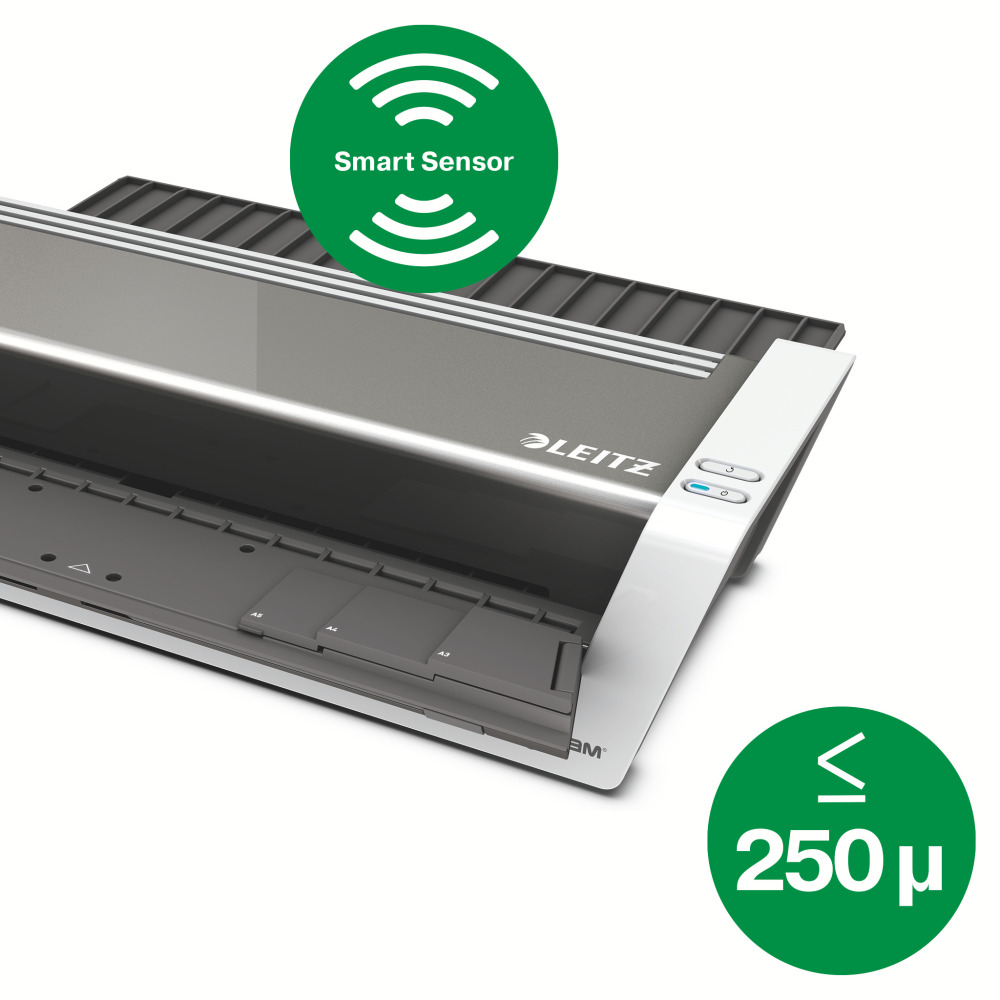 Laminálógép 'Smart Sensor' és '≤ 250 µ' címkékkel.
