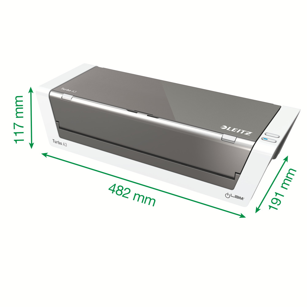 Ezüst és fehér laminálógép méretekkel és a Leitz logóval fehér háttéren.