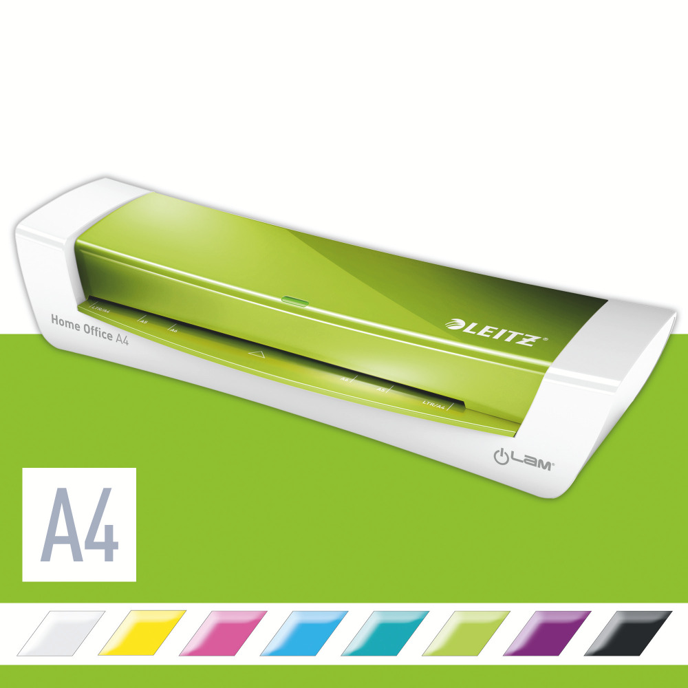 Zöld Leitz Home Office A4 laminálógép színválasztékkal.