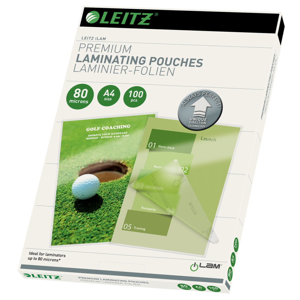 Lamináló tasakok doboza golf coaching képpel és szöveggel. A doboz fehér és zöld.