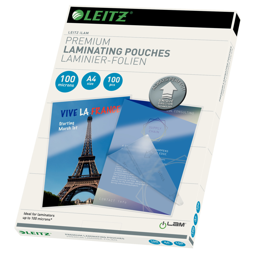 Leitz lamináló tasakok doboza, Eiffel-torony képpel. A szöveg tartalmazza a 'prémium' és 'A4-es méret' szavakat.
