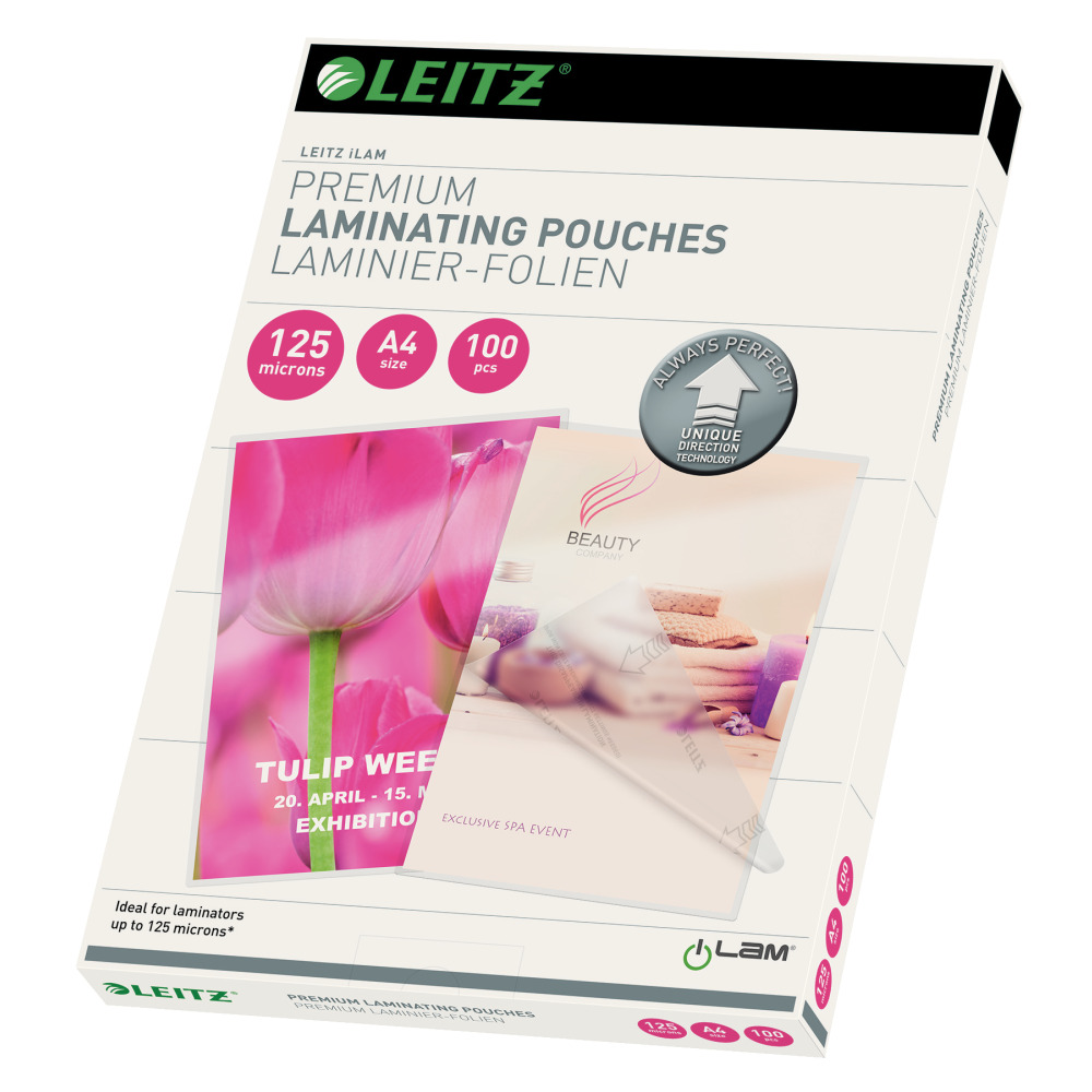 Lamináló tasakok doboza. Laminált példákat mutat szöveggel és egy spa esemény fotójával.