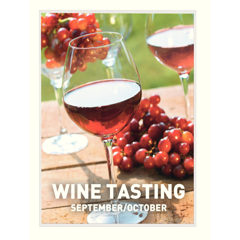 Vörösborral töltött borospoharak és szőlő, a "WINE TASTING" felirattal.