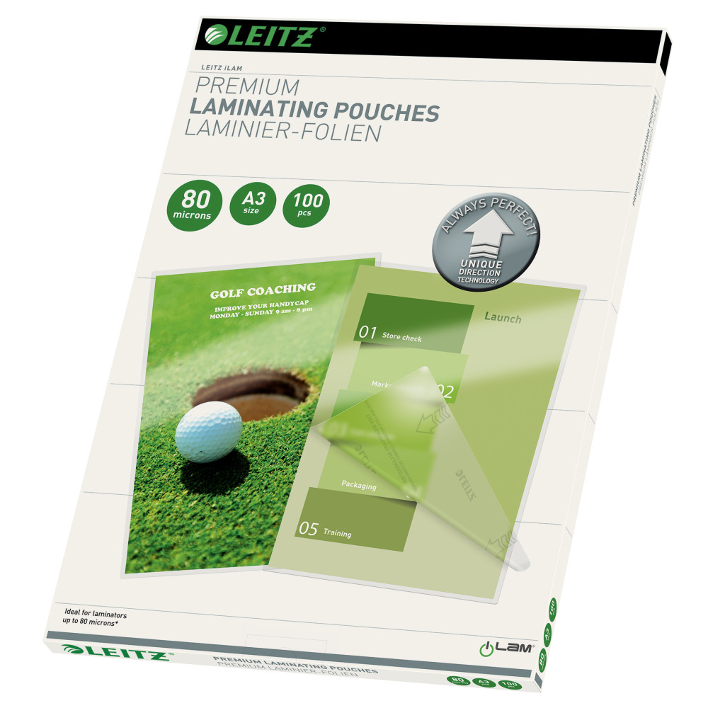 Leitz lamináló tasak doboz. Zöld és fehér golf képpel és szöveggel.
