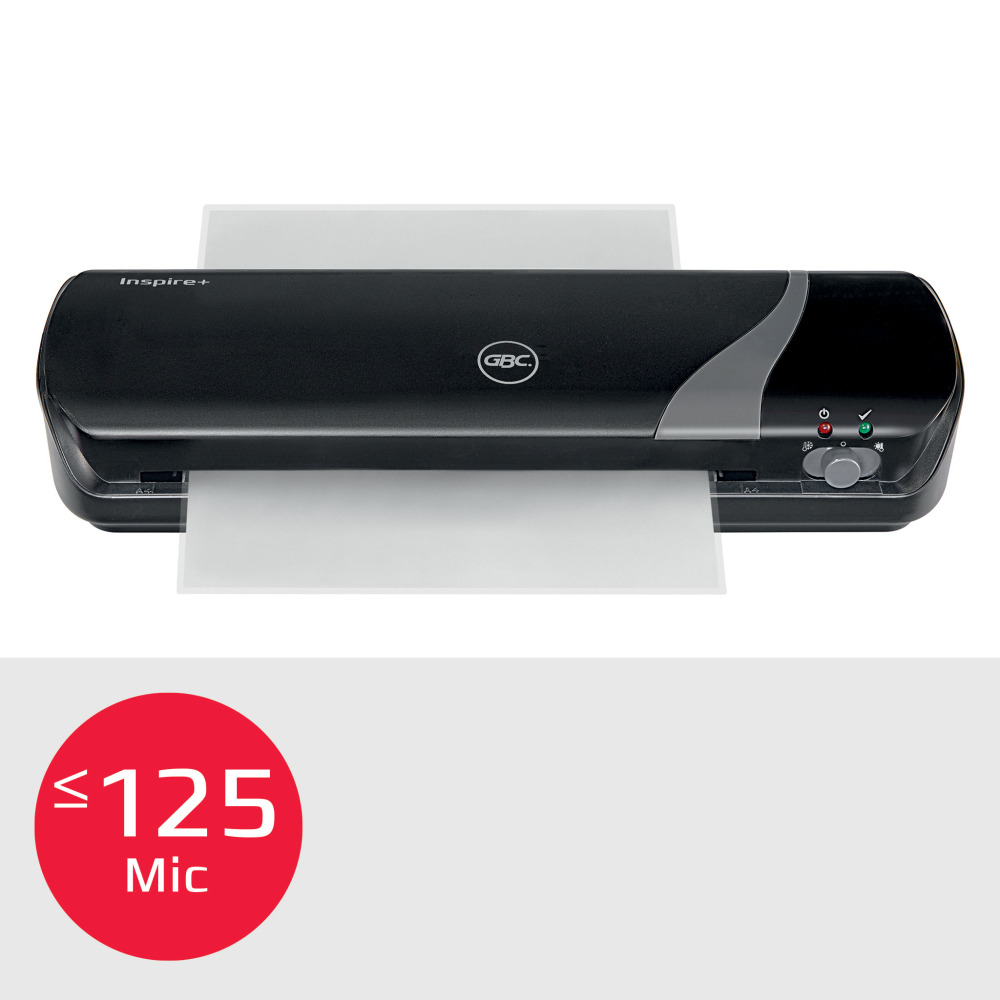 Fekete laminálógép piros körrel, amely egy mic értéket jelez, fehér papír.