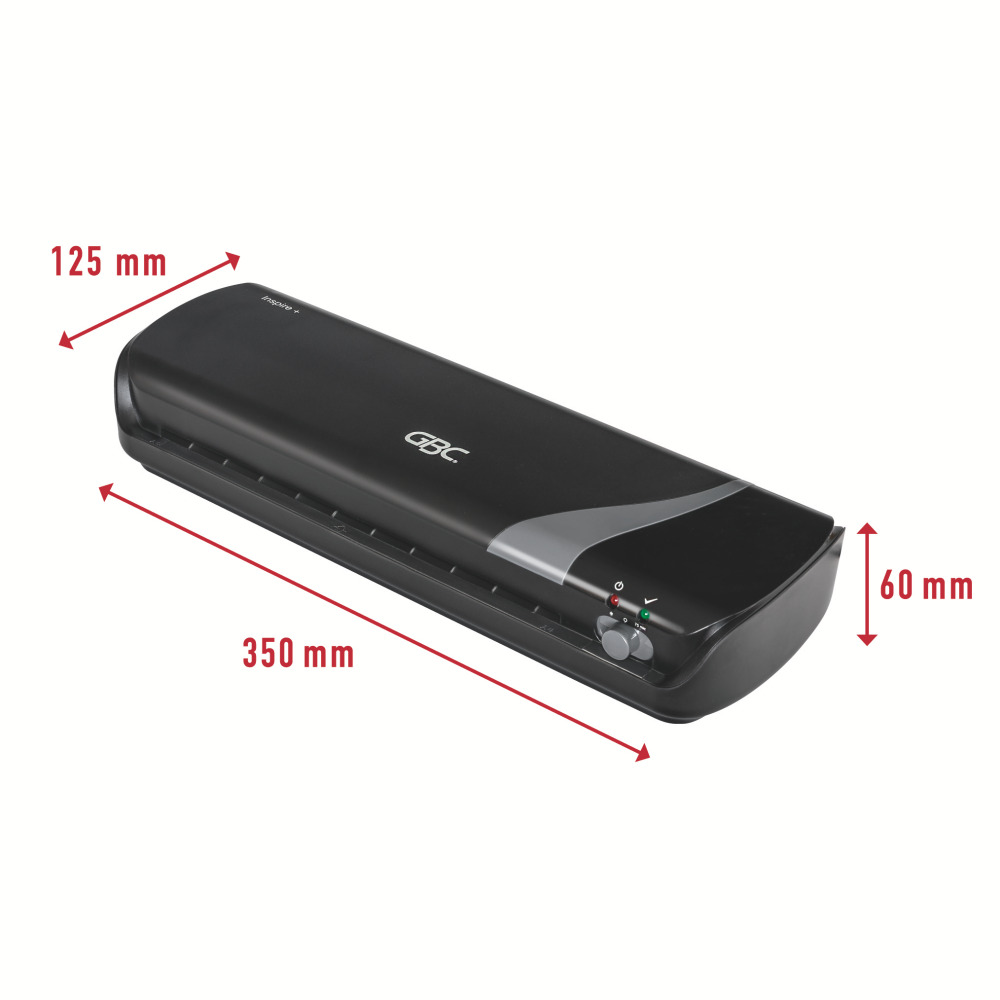 Egy fekete laminálógép méretekkel. Elegáns kialakítású, vezérlőpanellel és a GBC márkával.