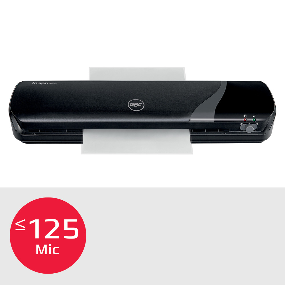 Fekete laminálógép, papírral. Egy piros kör ≤125 Mic laminálási vastagságot jelez.
